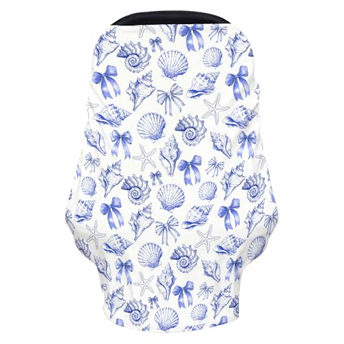 Coastal Ocean Baby Car Seats Covers Pink Blue Bows Seashells Starfish Conch Soft Nursing Cover for Breastfeeding Summer Beach Holiday Infant Carseats Canopy Stroller Cover for Baby Boys Girls
