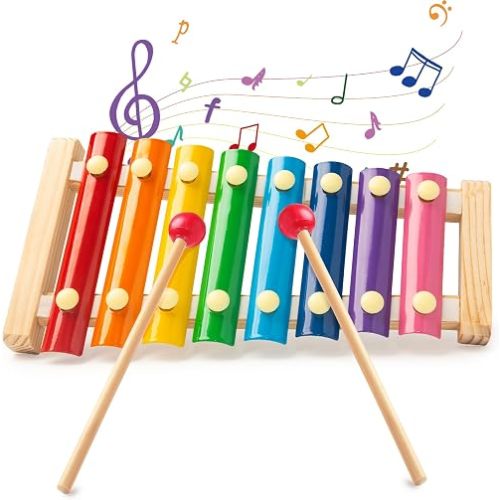 LovesTown Wooden Xylophone Musical Toy, 8 Rainbow Keys, 2 Mallets, Educational Instrument for Toddlers