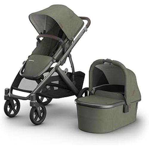 UPPAbaby Vista V3 Stroller + Bassinet V3 - Convertible Single-to-Double Stroller System- Bassinet, Toddler Seat, Bug Shield, Rain Shield Included - Evelyn (Meadow Green/Graphite Frame/Chestnut)