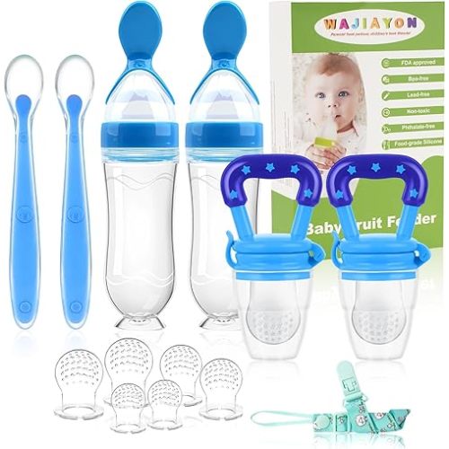 WAJIAYON Baby Fruit Feeder Pacifier - 6 Pack | 2 Infant Food Pacifier & 2 Baby Food Dispensing Spoon | Fresh Fruit Teethers for Babies | Silicone Feeder Babies,Infant Teething Feeders (Blue)