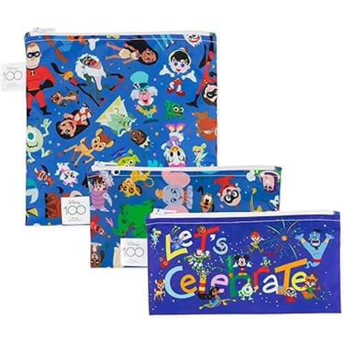 Bumkins Disney Reusable Sandwich and Snack Bags, for Kids School Lunch and for Adults Portion, Washable Fabric, Waterproof Cloth Zip Bag, Travel Pouch, Food-Safe Storage, 3-pack, 100 Years Celebration