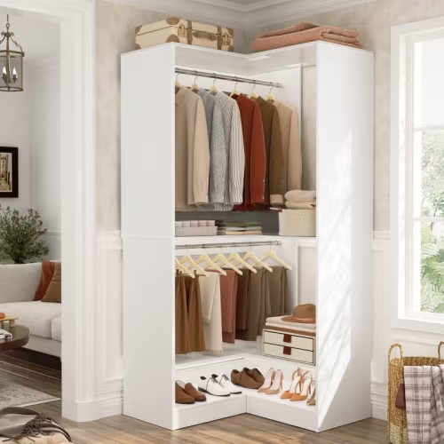Besiost Freestanding Corner Closet System with 2 Hanging Rods and Shoes Shelf, White