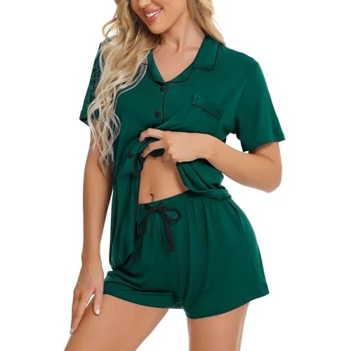 SWOMOG Womens Button Down Pajamas Set Short Sleeve Sleepwear Bride Soft Pj Lounge Sets XS-3XL
