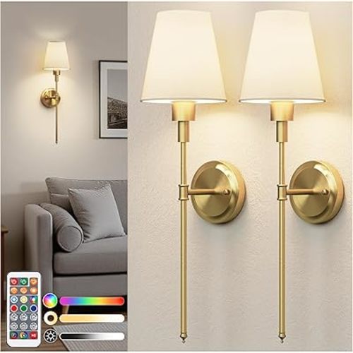 DORESshop Battery Operated Wall Sconce Set of 2, Wireless Wall Light Easy to Install, 15 Color Rechargeable Wall Sconces, Sconce Wall Decor Set of 2 for Bedroom, Living Room, Gold, 24.6in