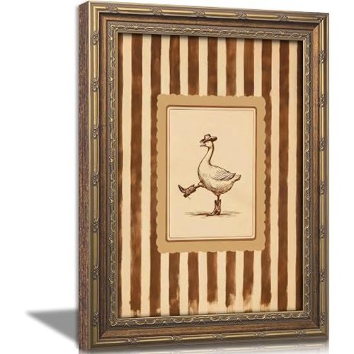 Vintage Gold Framed Western Wall Art Funny Cowboy Silly Goose Painting Canvas Prints Dancing Duck Stripe Picture Poster Rustic Farmhouse Nursery Animal Artwork for Living Room Bedroom Kids Room