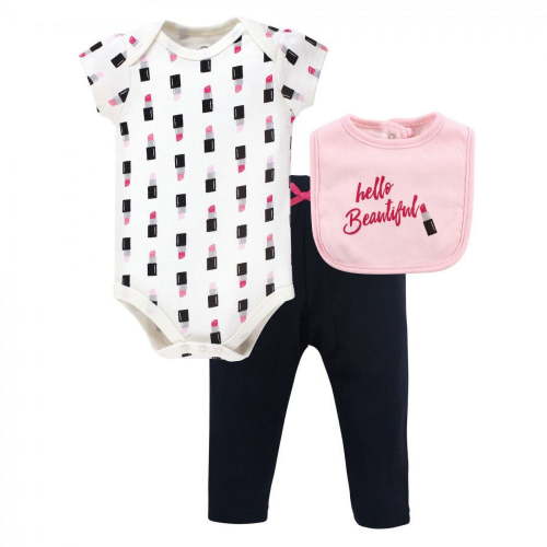 Little Treasure Baby Girl Bodysuit, Pant and Bib, Lipstick, 0-3 Months