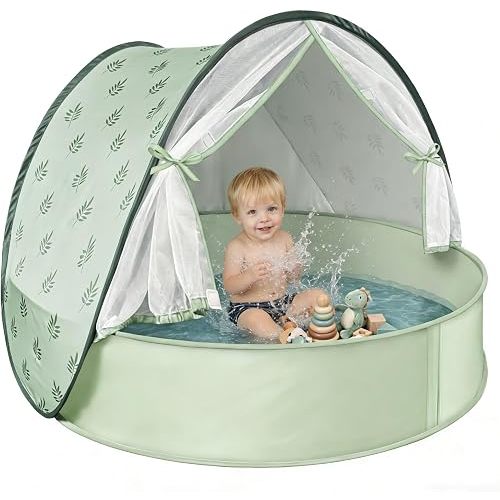 Baby Beach Tent with Pool, 3-in-1 Pop Up UPF 50+ Sun Protection Shelter with Mosquito Net Babies Toddlers Portable Outdoor Summer Essentials for Beach, Backyard, Indoor- Green Leaves