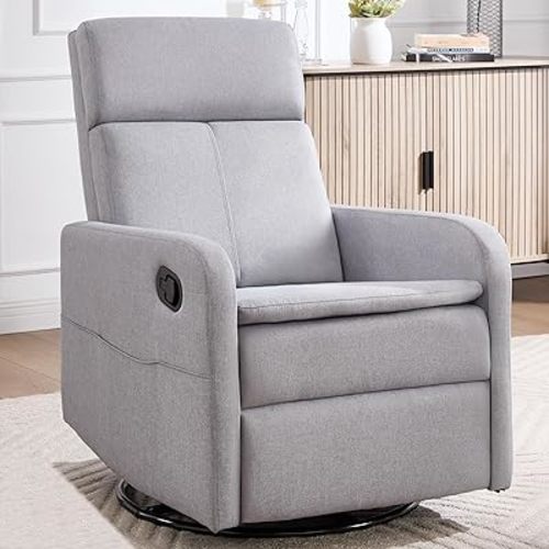 Swivel Rocking Recliner Chair for Adults, Rocker Nursery Glider Chair for Living Room Bedroom, Upholstered Fabric Reclining Single Sofa Chair(Light Grey)