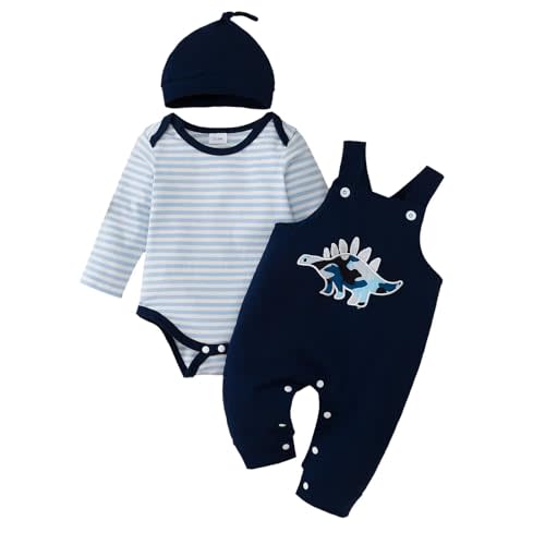 Bekarsy Baby Boy Clothes Fall Winter Outfits Infant Long Sleeve Striped Romper Cartoon Suspender Overalls 3 Pcs 0-18 Months