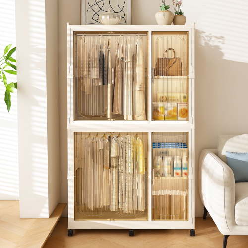 Portable Wardrobe Closet Storage Organizer with 6 Magnetic Doors, 6 Cubes & 2 Hanging Rods, Clothes Dresser with Wheels & Hangers, Baby/Kids Wardrobe Storage Cabinet, Cream