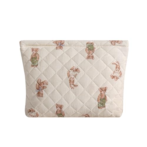 uekeboag Quilted Floral Cotton Makeup Pouch,Coquette Quilted Cosmetic Bag for Women and Girls, Aesthetic Organizer Bag, Flower Cute Travel Toiletry Bags(13White Bear)