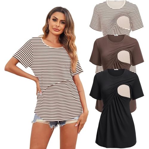 Ekouaer Women's Maternity Shirts Short Sleeves Nursing Tops 3 Pack Double Laye Breastfeeding Tees Pregnancy Clothes S-XXL