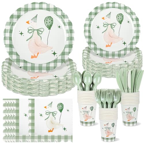 175PCS One Silly Goose Birthday Party Tableware Set,Serve for 24 Guests | Sage Green Gingham Party Supplies Include Scalloped Plates and Napkins Green and White Checkered Party Set for Birthday Party