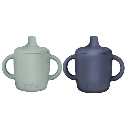 KIDSco. Silicone Sippy Cups with Easy Grip Transition Handles and a Soft Spout. a Non Toxic No Spill Unbreakable Training Cup 150ml/5oz |2-Pack Green and Navy|