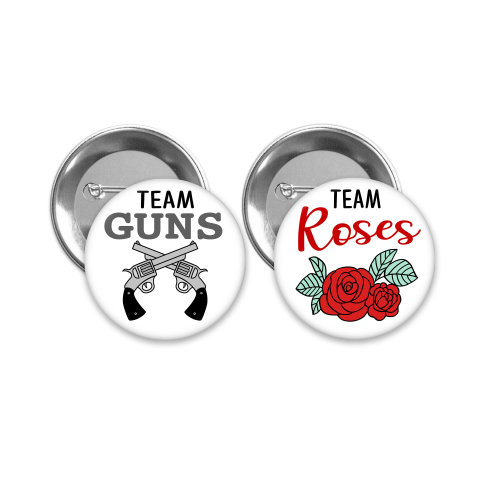 Team Guns and Team Roses gender reveal pins. Red rose with green leaves and gray and black gun.  Perfect for 'Guns or Roses'  themed party.