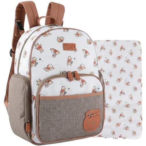 Disney Winnie the Pooh Baby Multi-Functional Diaper Bag Backpack with Changing Pad, Stroller Attachment and Insulated Bottle Holder Pockets