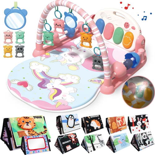 LINXUXIE 2 in 1 Baby Gym Playmat with Music and Lights,Infant Tummy Time Mat with 5 Sensory Montessori Toys & Mirror,Newborn Gifts for 0-3 6-12 Month