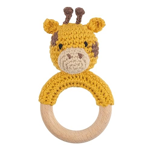 Joliecraft Safari Animals Wooden Baby Rattle Toys Stuffed Crochet Rattle with Teether Ring for Newborn, Giraffe
