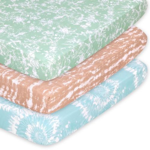 The Peanutshell Mini Crib, Playard Sheets, 3 Pack, Boho Tie Dye | Blue, Green, Brown
