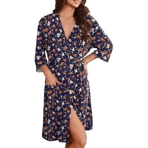 Ekouaer Robes for Women Knee Length Kimono Bathrobe Lightweight 3/4 Sleeve Sleepwear Soft Loungewear with Pockets S-XXL