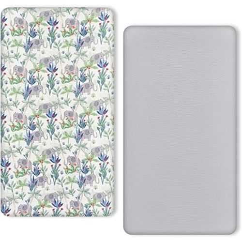 Muslin Crib Sheets for Boys and Girls 2 Pack, Neutral Soft Cotton Baby Crib Mattress Protector, for 52x 28 Toddler Bed, Rainforest Elephant & Grey