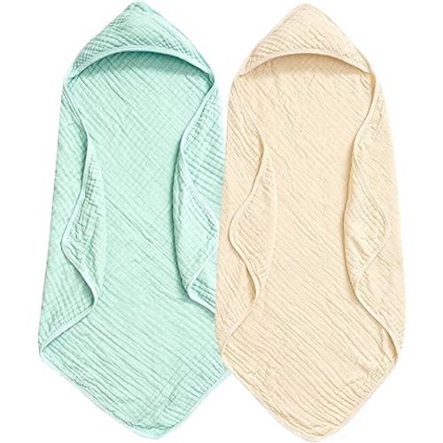 PHF 2 Pack Baby Hooded Towels, 100% Muslin Cotton Baby Bath Towel with Hood for Newborn, Infant, Toddler, Ultra Soft and Absorbent Baby Essentials Bath Towels for Boys Girls, 32x32Inch, Beige & Green