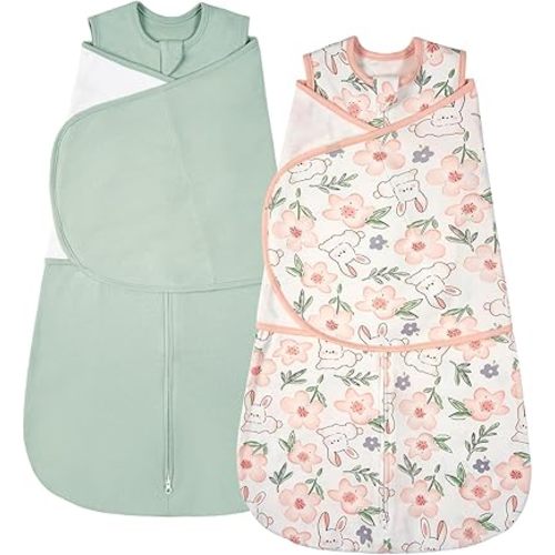 ZIGJOY Baby Swaddle Sleep Sack, 1.0 TOG Sleep Sack Swaddles for Newborns & infant 6-12 Months 100% Cotton Baby Wearable Blanket for Newborn Registry Essentials Green&Rabbit Flower