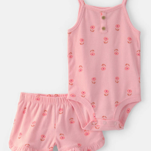 Baby Girl 2-Piece Floral Sleeveless Bodysuit & Short Set - Pink | Carter’s Oshkosh Canada