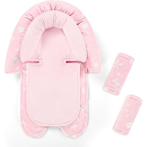 Infant Car Seat Insert & Strap Cover for Baby Boys, 2 in 1 Carseat Head Support Newborn, Ultra Soft Car Seat Cushion for Babies, Plush Fabric, Fit for Swing, Car Seat, Stroller, Bouncer, Pink