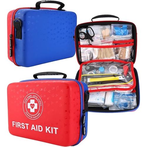 Large First Aid Kit - 410 Piece Dual-Color Emergency Kit with Hard Shell & Fluorescent Interior Coating, Professional Survival Kit for Home, Car, Travel, Hiking & Outdoor(Red/Blue)