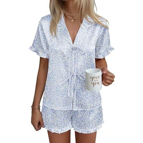 Ekouaer Satin Pajama for Women Short Sleeve Silky Pj Short Set Bow Front Tie Up Loungewear Sleepwear