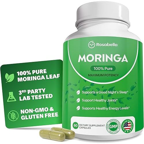 Rosabella Moringa Capsules - Pure Moringa Powder, Energy, Skin, Immune & Gut Health Superfood, Rich in Antioxidants, Essential Vitamins & Amino Acids, Natural Green Superfood Supplement - 60 Count