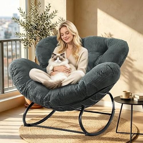 Oversized Outdoor Rocking Chair, Papasan Rocking Egg Chair with Thick Cushion, Metal Frame, Indoor Cozy Rocker for Patio, Balcony, Living Room, Grey