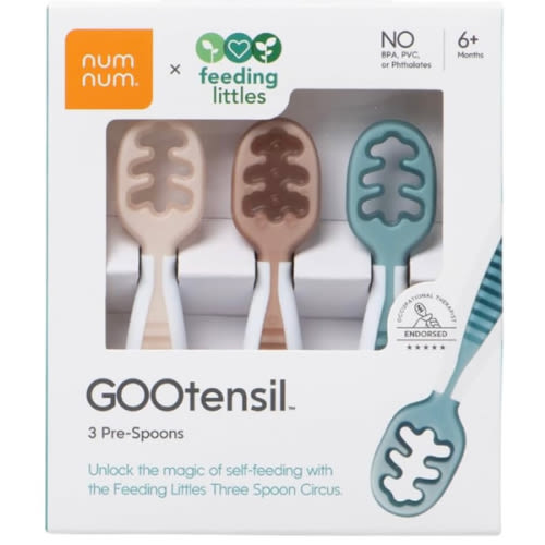 NumNum Baby Spoons Set, Feeding Littles x Silicone Pre-Spoon GOOtensils for Baby Led Weaning, Self-Feeding & Teething, First Stage Toddler Utensils for Ages 6+ Months, 3-Pack, BPA-Free (Neutrals)