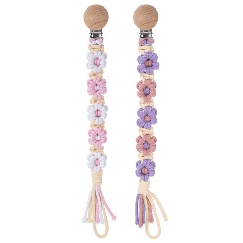 Pacifier Clip for Boys Girls Floral Daisy Macrame Baby Paci Clip Pacifier Holder Leash Boho Wooden Clips Handmade Braided Cotton Binky Clips (2pack:Pink Daisy & Lavender Style B)