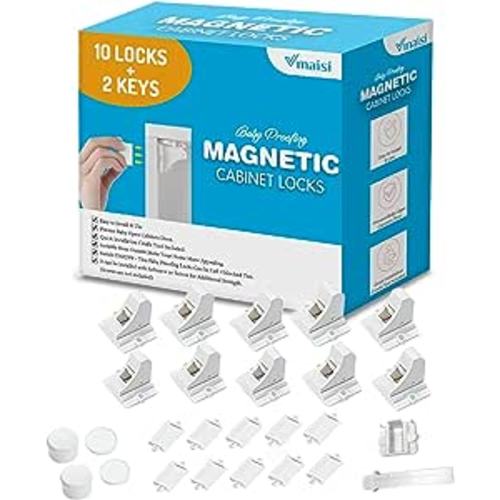 Vmaisi Adhesive Magnetic Locks for Cabinets & Drawers (10 Locks and 2 Keys)