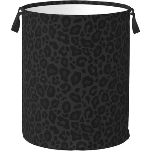 Black Leopard Print Laundry Hamper Bag With Waterproof Liner - Round Laundry Basket Foldable Clothes Storage Organizer For Bathroom Bedroom Nursery Dorm