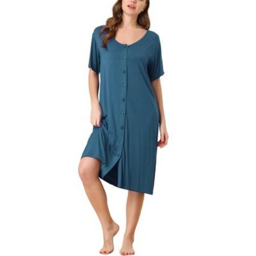 cheibear Women's Idea Gift for Mom Nightgown Button Down Short Sleeve Soft Modal Loose Pajama Sleepshirt Large Blue