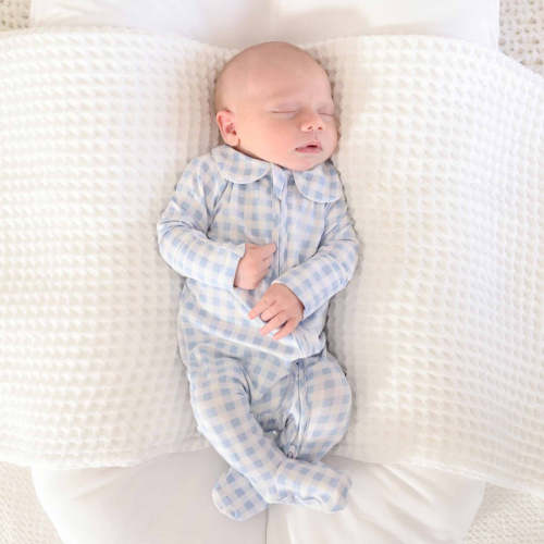 Peter Pan Collar Zipper Footie | Dusty Blue Gingham