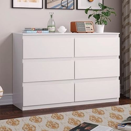 Dresser for Bedroom with 6 Wide Drawer, White Wood Dresser, Modern Chest of Drawers for Clothes Storage, Multi-Functional Storage Organizer for Bedroom, Living Room & Entryway(47" W x15.4 Dx32.3 H)