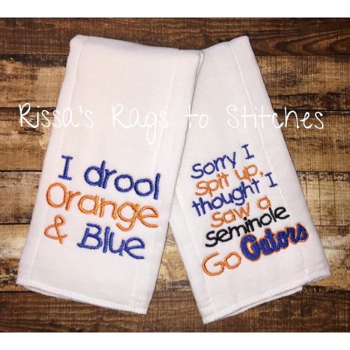 Florida Gators Burp Cloths, I drool Orange & Blue, Sorry I spit up, thought I saw a seminole.