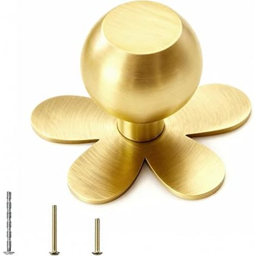 Solid Brass Gold Cabinet Knobs Flower Dresser Handles Pulls Brushed Drawer