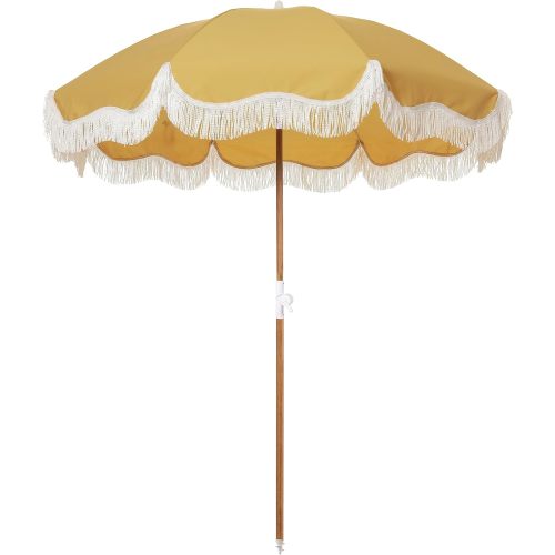 Business & Pleasure Co. Holiday Umbrella - Boho Beach Umbrella with White Fringe, UPF 50+, 1" Tilting Wood Pole, 5’ x 6.5’, Vintage Gold