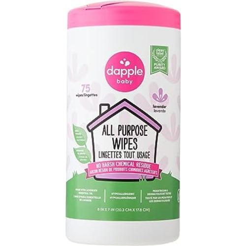 Dapple Baby - All Purpose Cleaning Wipes, Baby Safe, Natural Toy and High Chair Wipes, Plant Based, Sweet Lavender Scented - 75 Count