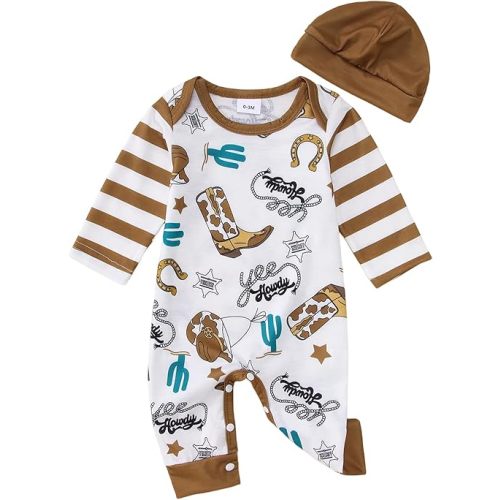 BOUTIKOME Infant Baby Boy Outfit Retro Cowboy Partner Howdy Graphic Rompers Newborn Onesie Jumpsuit Hat 2Pcs Set