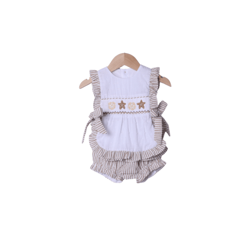 Smocked Starfish White Swiss Dot/Khaki Seersucker Apron Set