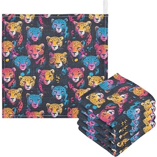 Newborn Face Towel Cheetah Animal Soft Cotton Baby Washcloths 11.8 x 11.8 Inch Infants Girls Boys Muslin Burp Cloths 5 Pack