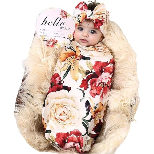 (Ivory Floral) - Galabloomer Baby Girl Newborn Receiving Blanket with Headband Set Baby Swaddle Nursery Swaddle Wrap with Card (Ivory Floral)