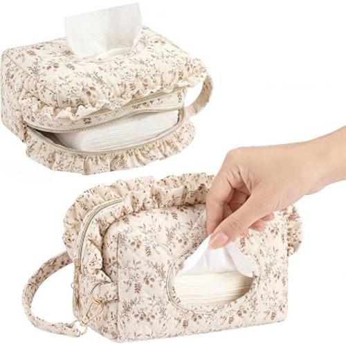 Double-Layer Quilted Diaper Wipes Bag Holder,Cream,Flower