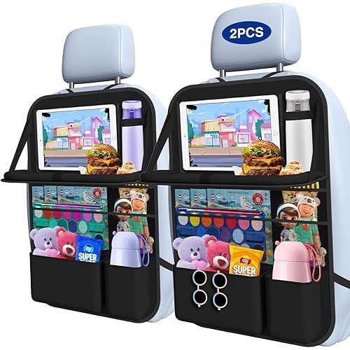 Car Backseat Organizer with Table Tray(2-Pack) 9 Storage Pockets Backseat Car Organizer and storage with Tablet Holder, Kick Mats Back Seat Cover for Kids family Road Trip Essentials Travel